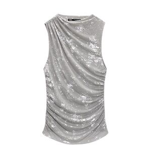 Zara Metallic Printed Tulle Top Silver
